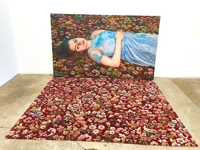 Ian Cumberland: Distance II, 2018, oil on linen, 90 x 150 cm /Installation: carpet; varying dimensions

